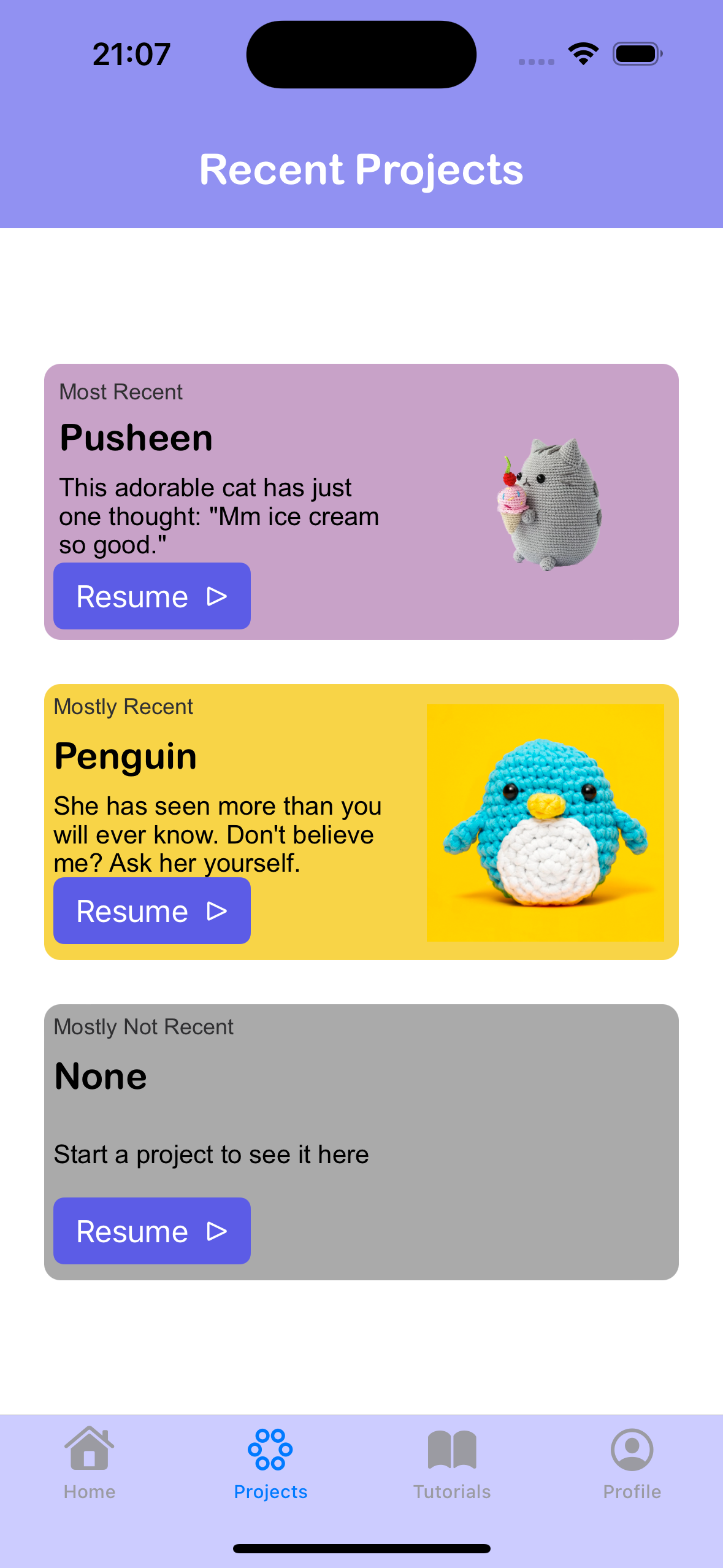 Recent projects screen of the app