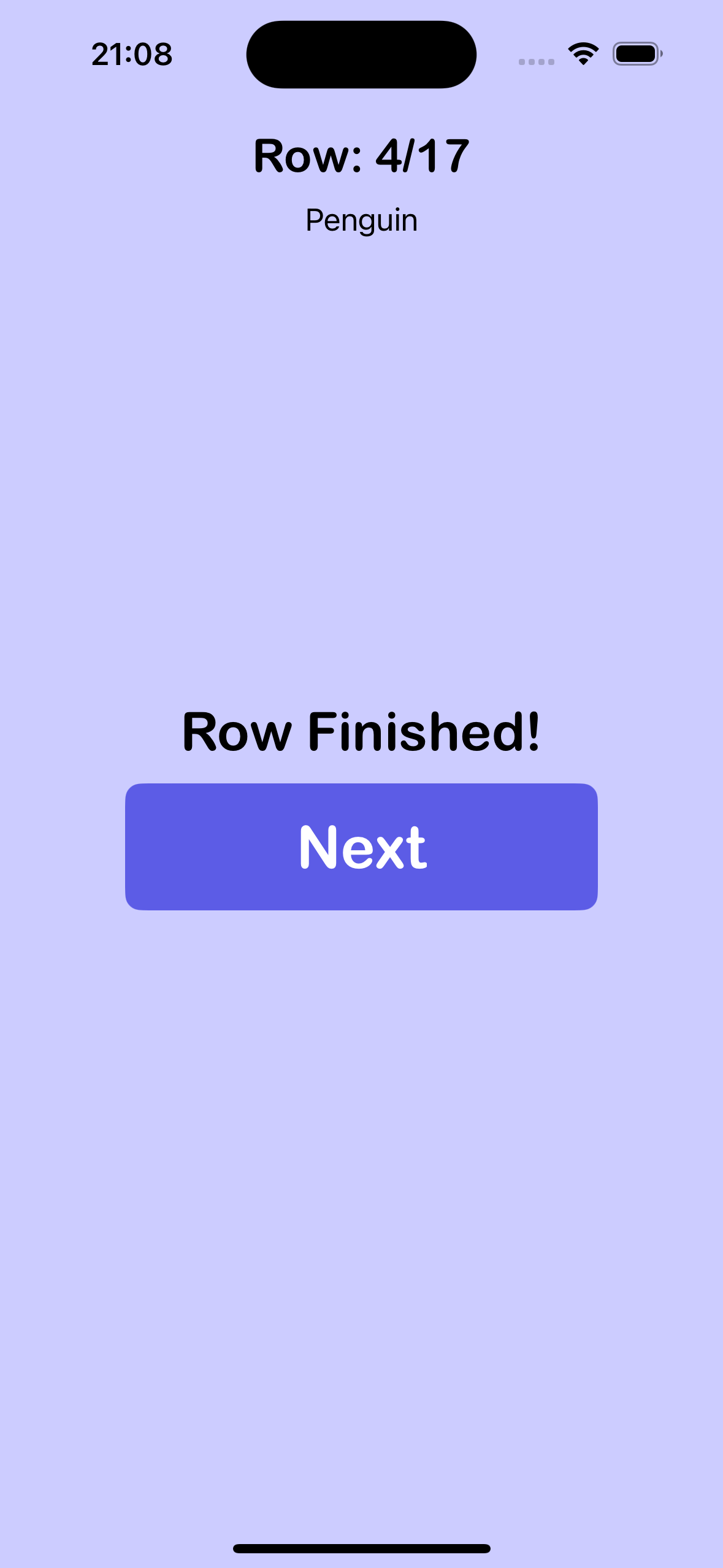 Row finished screen of the app